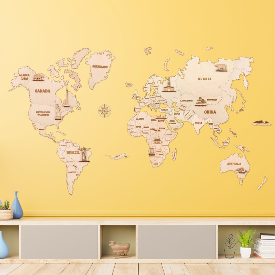Woodtrick Wooden world map - Wooden 3D mechanical model. No glue or cutting required Construction set 1