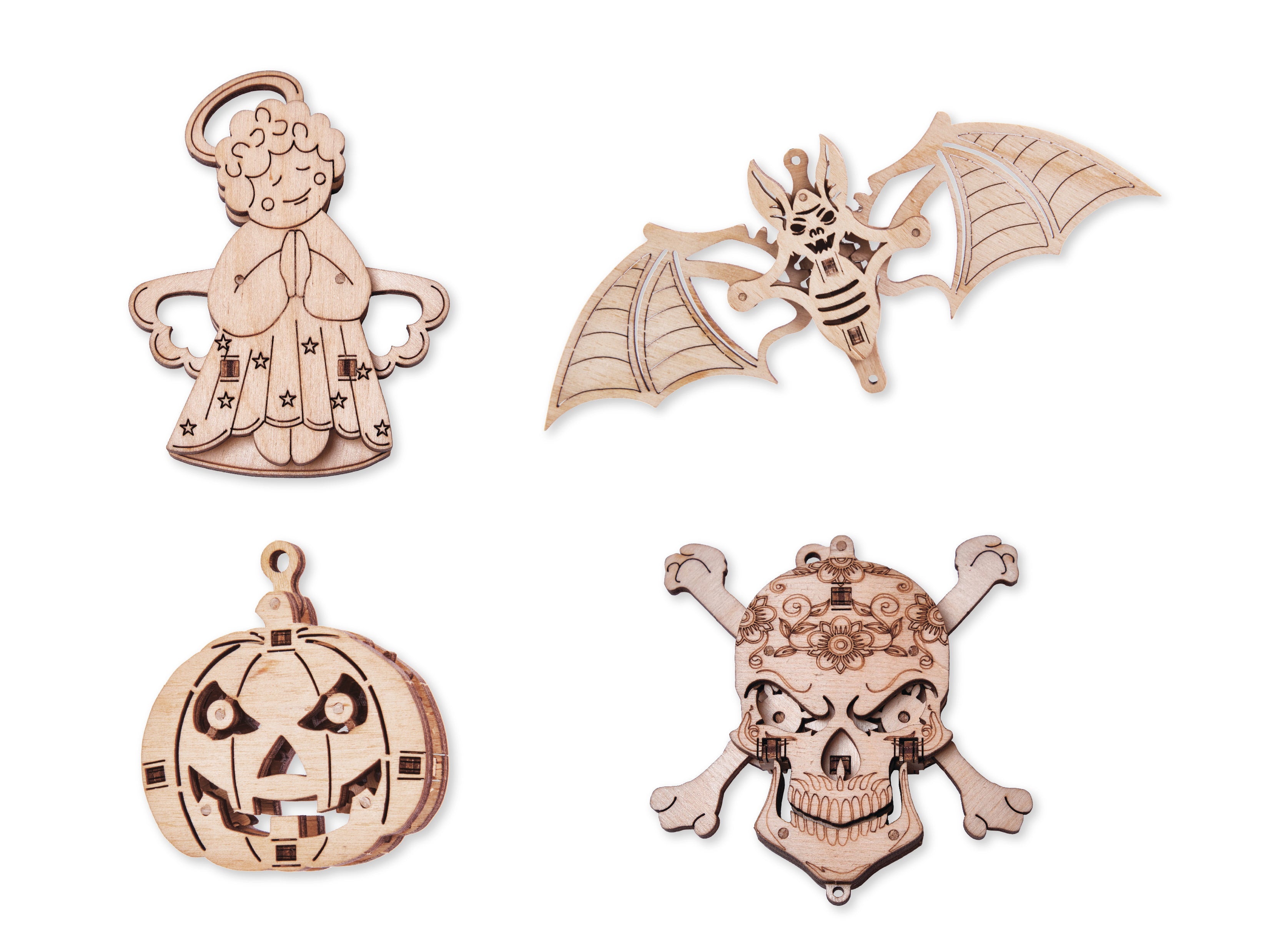 2024 美品 UN3D. BLOCK PATTERN KT SK 38 Set of Mini 3D Puzzles №2 - Bat, Angel, Skull, Pumpkin Wood model