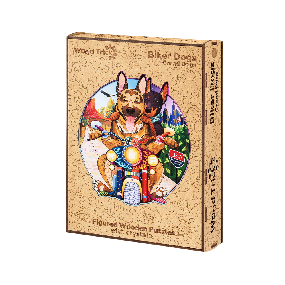 Wood Trick Biker Dogs Wooden Jigsaw Puzzle for Adults and Kids - Decorated w/Shimmering Crystals - 15 x 13.6 in - Animal Unique Shaped Figured